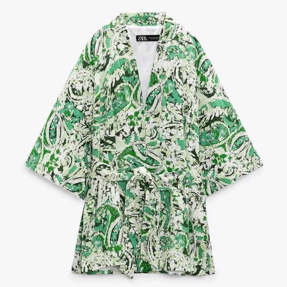 New Zara Printed Linen Blend Belted Green/White Short Kimono Open Front Jacket - Picture 9 of 15